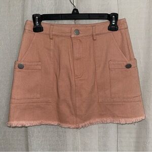 Very J S Blush Pink Peach Denim Mini Skirt with 4 Pockets Raw Fringe Hem